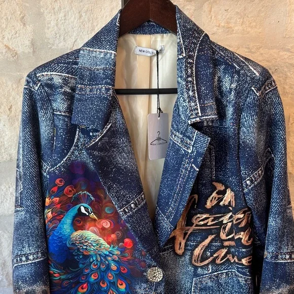 Peacock Print Denim Blazer - Picture 3 of 6